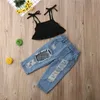 1-6Years Kids Baby Girls Summer Outfits Fashion Party Clothes Sleeveless Black Vest Crop Tops+Fish Net Denim Pants 2Pcs Sets