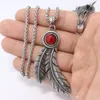 Hot Sale fashion Stainless Steel Feather Pendant Necklace With Red Stone Leaf Jewelry Men's Feather Pendant