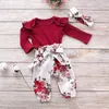 2020 new baby girl Solid Color Tops Clothing Newborn Kids Baby Girls Outfits Clothes Romper Bodysuit+Flower Printed Pants Set