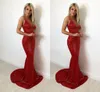 Rouge pas cher simple sexy sirène robes de bal paillettes bretelles spaghetti longueur de plancher robe formelle robes de soirée robe de mari￩e