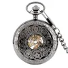 Steampunk Vintage Black Pocket Watch Men Women Hand-winding Mechanical Watches Hollow Out Case with Pendant Chain reloj de bolsillo