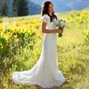 Cap Sleeve Crochet Lace Bohemian Country Wedding Dress A Line cheap Bridal Gowns Modest beach Wedding Dresses with Beaded Belt