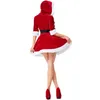 Frau Santa Erwachsene Frauen Weihnachtskostüm Halbarm Kapuze V-Ausschnitt Ballkleid A-Linie Minikleid mit weißem Fuzzy Trim Gürtel Set Cosplay S-XL