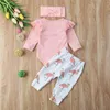 3pcs camisa outono rompers bebé estilo de moda topos + flamingo calças + headbands menina infantil vestuário conjuntos 1-3T