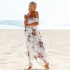 Mode-boho stil lång klänning kvinnor utanför axelstrand sommar dam klänningar blommigryck vintage chiffong vit maxi klänning vestidos