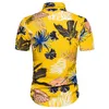 2020 Lato Żółta koszula Hawaiian Męskie Liść Drukuj Krótki Rękaw Bawełniany Mężczyźni Casual Slim Fit Koszulki Koszulki Homme Camisa Masculina1