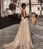 Barato decote em v profundo lantejoulas vestidos de baile tule sem costas robe de soiree novas alças espaguete longos vestidos de festa abendkleider noite d6564004