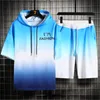 Mens Gradient Half Sleeves Tracksuits Fashion Hooded Collar Short Sleeve T-shirt Shorts Sets Designer Male Summer Casual Loose Hoodies Suits