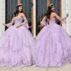 2020 New Lilla Abiti Quinceanera Sweetheart Applique in pizzo Corsetto Indietro Tulle Satin Pageant Maniche lunghe Juliet Sweet 16 Party Ball Gown