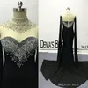 Cristais pretos brilhantes Vestidos de noite árabes 2019 Yousef Aljasmi Gola alta Caped Long Chiffon Barato Africano Dubai Celebridade Vestido de festa de formatura