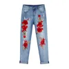 Jeans stretch pour femmes, pantalons pour femmes, fleurs de couleur, broderie 3D, pantalons à trous, plus la taille 20 21
