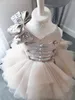 Hi-Lo Flower Girl Dresses Vestres de decote em V Maninho de Cristal de Cristão Aplicado Cristal Primeira Comunhão Vestido Trierado Trier Tule