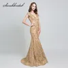 2019 Elegant Evening Dresses Long Gold Lace Embroidery Sexy V Neck Backless Short Sleeves Mermaid Mother of the Bride Formal Gowns 547