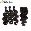 Bundle de cheveux malaisiens avec fermeture vague de corps non transformés extensions de trame de cheveux vierges humains 4x4 3 parties fermeture en dentelle 4pcs / lot DHL Bella Hair