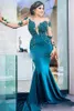 Hunter Mermaid Evening Dresses Sheer Neck Långärmad Illusion Applique Pärlor Sweep Train Long Formal Prom Party Gowns Robes de Soirée
