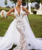 Col en V dentelle Illusion robes de mariée sirène 2020 Tulle Applique balayage train robes de mariée robes de mariée avec jupe 288L