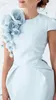 Nieuwe aankomst cap mouwen thee lengte lichtblauwe vrouwen jurk met bloemen korte mouwen formele avondjurk 2020 prom feestjurk