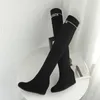 Hot Sale-Boots Black Stickad Elastic Suede Over The Knee Lår High Boot Invenble Wedge Heels Storlek 33 till 42 43