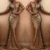 2019 Abiti da sera lunghi eleganti a sirena con scollo a V maniche lunghe con paillettes Applique Sweep Train Abiti da ballo per feste formali