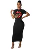 Kobiety Drukuj Drukujące Suknie Solidne Kolor Maxi Spódnice Krótki Rękaw Bodycon Dress Moda Letnia Odzież Casual Slim Sukienka Plus Rozmiar S-2XL 2941