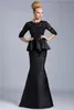 2020 Mother Of The Bride Dresses Mermaid Jewel Neck 34 Sleeves Lace Appliques Beaded Peplum Plus Size Party Dress Black Evening G6279090