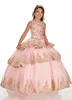 Blush Różowy Złoty Koronki Cupcake Dziewczyny Korant Quinceanera Suknie Mini Party Dress 2022 Zroszony Klejnot Lace-Up Kwiat Girl Dress Wzburzyć Nowy