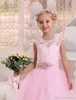 Flower Girl Dresses Princess Sheer Crew Applique Girls Pageant Gowns With Bow Sash Back