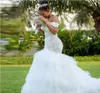 Brautkleider aus Spitze im Meerjungfrau-Stil, schulterfrei, geschichtete Rüschen, Sweep-Zug, Boho-Hochzeits-Brautkleider, südafrikanische Roben de Mari￩e