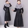 Women's winter new real fox fur big collar luxury long sleeve slim waist PU leather thickening warm cotton-padded liner long coat parkas