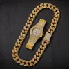 3pcs Mens Iced Out Bling Chain Necklace Bracelets Diamond Watch Cuban Link Chains Necklaces Hiphop Jewelry3049