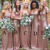 Goedkope bling sparkly bruidsmeisje jurken rose gouden pailletten goedkope zeemeermin twee stukken backless country strand feest jurken bruiloft gasten jurk