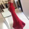 Utanför axeln pärlstav lace prom klänning långa eleganta klänningar vestido formatura röd mermaid prom kvällsklänning