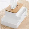 Multifunction Bamboo Cover Napkin Holder Plastic Tissue Box Storage Container Desk Organizer for Home Office White Grey Black