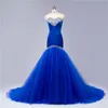 Royal Blue Mermaid Prom Dresses 2020 Crystal Beaded Tulle Strapless Open Back Evening Gowns Long Formal Dress Plus Size