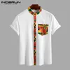 Men Shirt Streetwear estilo étnico impressão de mangas curtas Tops Stand Gollar Button Men Roupos Africanos Dashiki Camisa