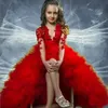 Girls Pageant Dresses For Teens Dark Red Lace Appliques Long Sleeves High Low Tiered Ruffles Size 13 Party Children Flower Girl Gowns