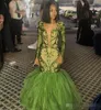 Modest Black Girls Green Mermaid Prom Dresses Long Sleeves Sequins Appliqued Tulle Plunging Illusion Formal Evening Wear Party Gowns 401 401