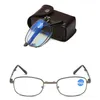 Folding Reading Glasses Blu-ray Metal Hyperopia foldable Eyeglasses Diopter +1.0--+4.0 Presbyopic Glasses for Men and women Cases gift