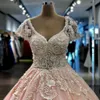 Blush Różowy Długi Prom Sukienka Krótki Rękaw V Neck Koronki Appliqued Koraliki Czarna Dziewczyna Afryki Formalne Suknie Wieczorowe Vestido