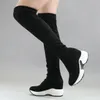 Quutaa 2020ストレッチファブリック膝の上の張りの布の高さの高さの丸いつま先の女性の靴秋冬のカジュアルロングブーツサイズ34-43