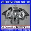 Body For HONDA Interceptor VFR800R VFR800RR 98 99 00 01 259HM.16 VFR800 VFR 800RR VFR 800 RR Gloss silver 1998 1999 2000 2001 Fairing kit