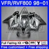 Lichaam voor Honda Interceptor VFR800R VFR800RR 98 99 00 01 259HM.16 VFR800 VFR 800RR VFR 800 RR Gloss Zilver 1998 1999 2000 2001 Fairing Kit