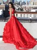 Seksi Kırmızı Satin Bir Çizgi Uzun Balo Elbiseleri 3D-Floral Aplikler Kesme Yanları Zemin Uzunluğu Resmi Elbise Akşam Partisi Gowns Ogstuff 0430