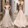 New Champagne Mermaid Wedding Dresses Off Shoulders Lace Appliques Sheer Long Sleeves Tulle Long Bridal Gowns