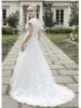 2020 A-line Full Length Modest Wedding Dresses With Petal Sleeves Tulle Skirt Scattered Lace Chapel Train Beaded Belt Modest Bridal Gown