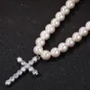 Großhandel-8-10mm Perlenkette Hip Hop CZ Stein Bling Iced Out Kreuz Anhänger Halskette mit Perlen Perlen Gliederkette für Männer Rapper Schmuck