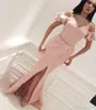 Arabic Light Pink Mermaid Prom Dresses Long 2019 Off Shoulder Front Split Bubble-Sleeves Floor Length Formal Evening Dress ogstuff