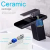 LED Sensor Color Change Bathroom Faucet Black Chrome Basin Mixer Waterfall Spout Cold and Hot Water Single Handle Tap