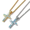 14K Gold Blue Diamond Cluster Cross Pendant Bling Bling Blue Color 1 Row Cross Pendant Necklace For Men Women Gifts