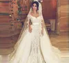 Lindos overskirts vestidos de noiva com trem destacável pérolas sereia vestidos de noiva rendas dubai vestido de noiva feito sob medida